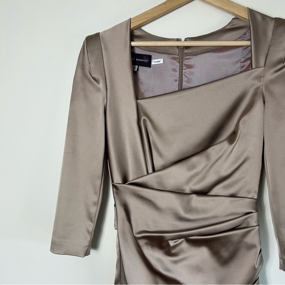 Talbot Runhof Beige Satin Cocktail Dress 3/4 Sleeve Size 4 - Picture 8 of 11